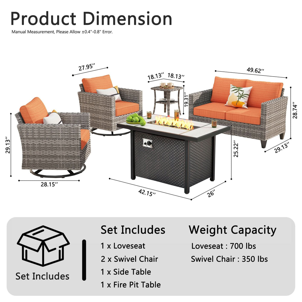 OVIOS Outdoor Patio Conversation Set with Fire Pit Table – Modern Wicker Sofa Seating
