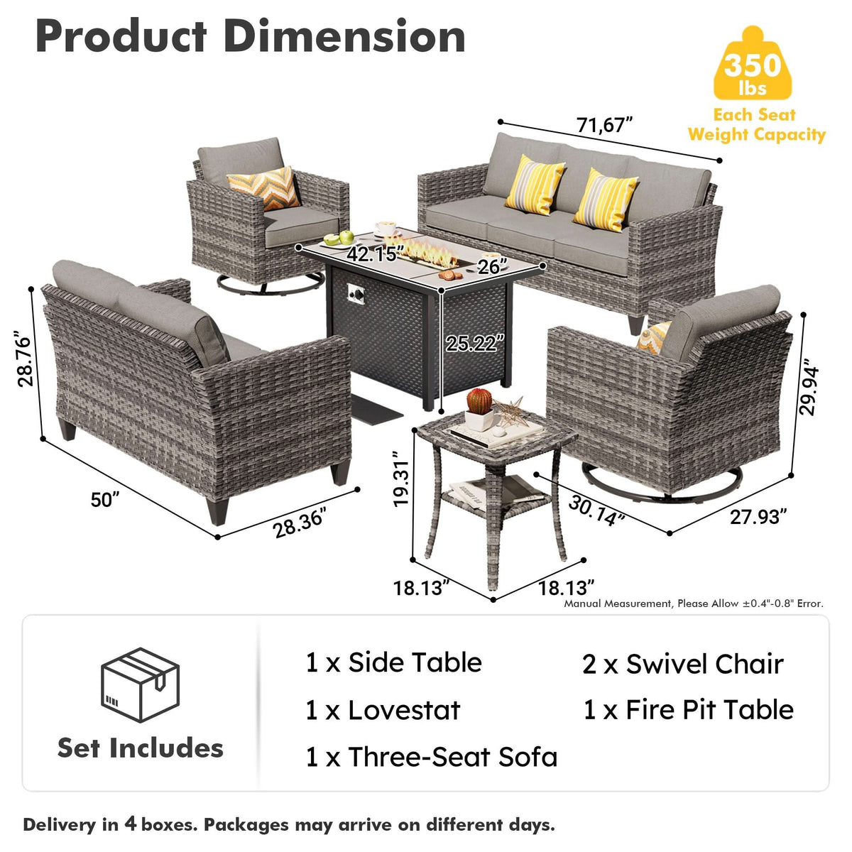 OVIOS Outdoor Patio Conversation Set with Fire Pit Table – Modern Wicker Sofa Seating