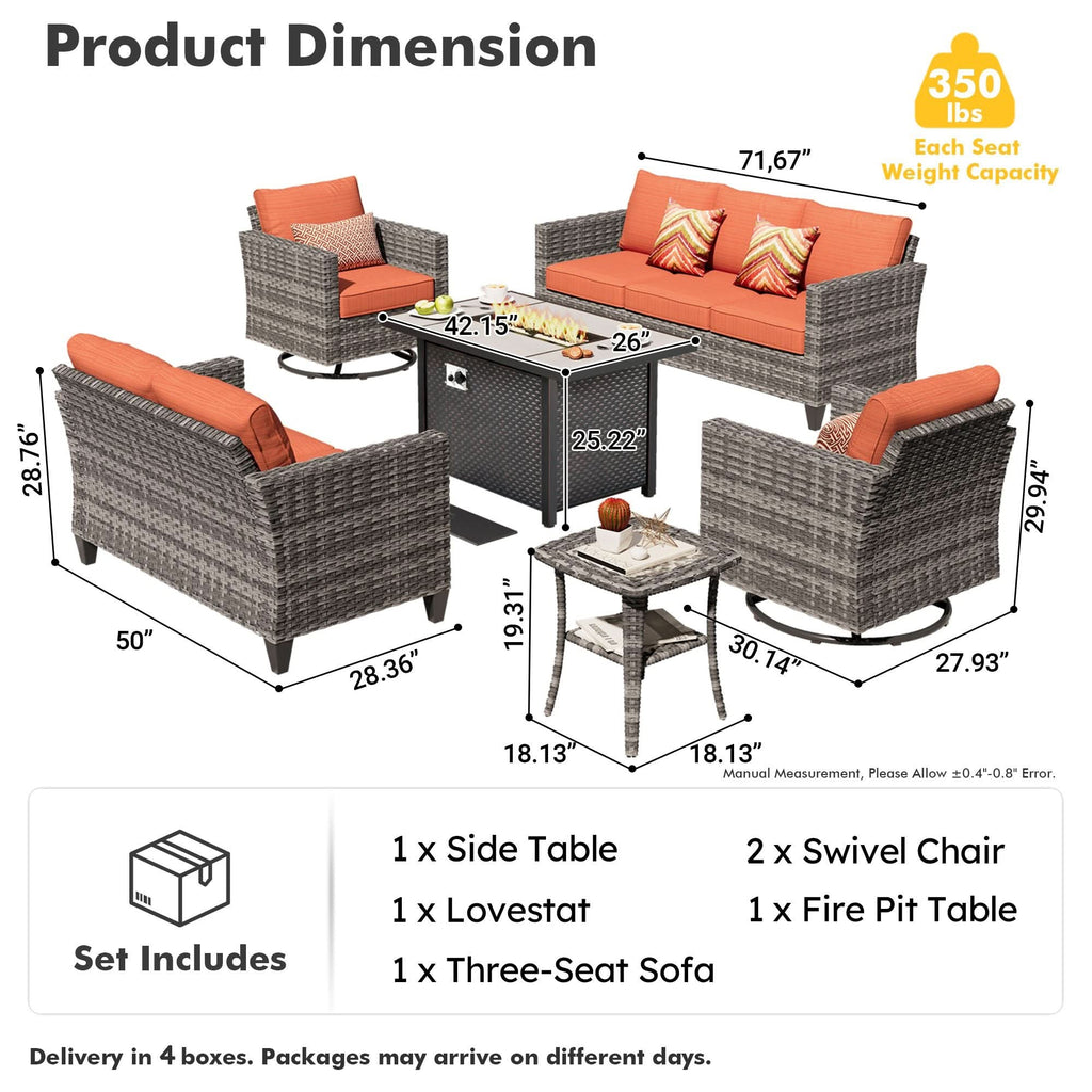 OVIOS Outdoor Patio Conversation Set with Fire Pit Table – Modern Wicker Sofa Seating