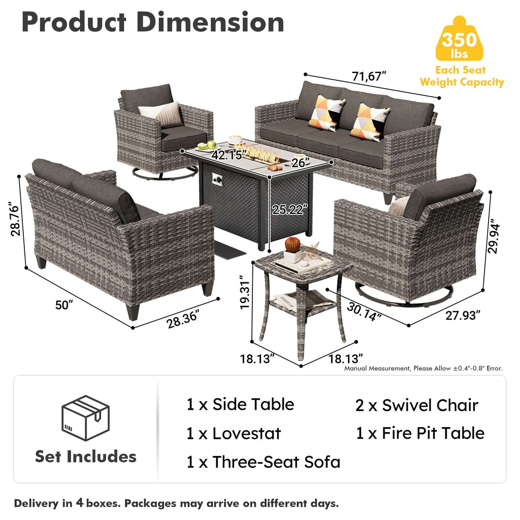 OVIOS Outdoor Patio Conversation Set with Fire Pit Table – Modern Wicker Sofa Seating