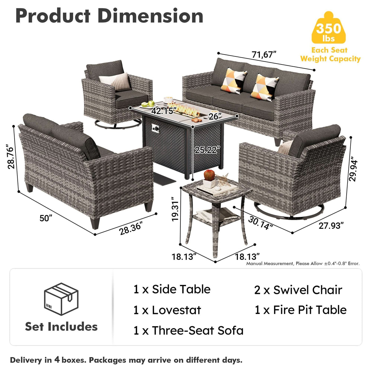 OVIOS Outdoor Patio Conversation Set with Fire Pit Table – Modern Wicker Sofa Seating