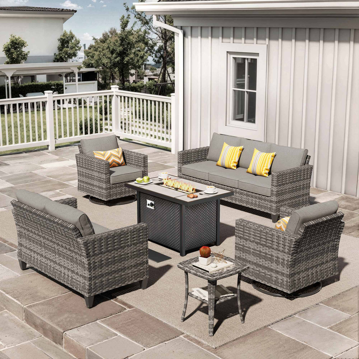 OVIOS Outdoor Patio Conversation Set with Fire Pit Table – Modern Wicker Sofa Seating