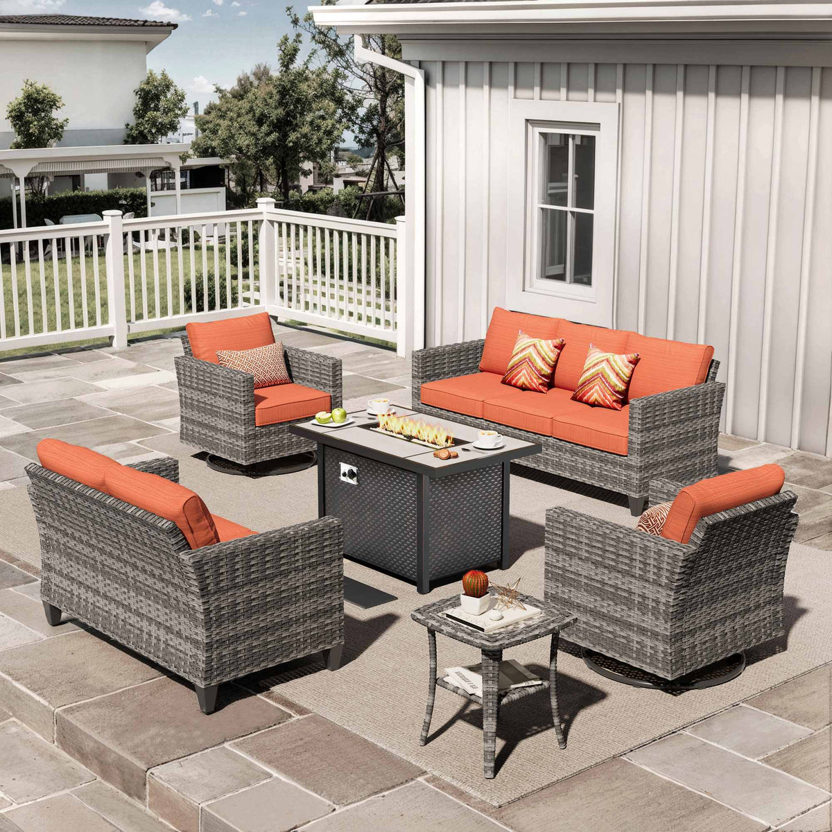 OVIOS Outdoor Patio Conversation Set with Fire Pit Table – Modern Wicker Sofa Seating