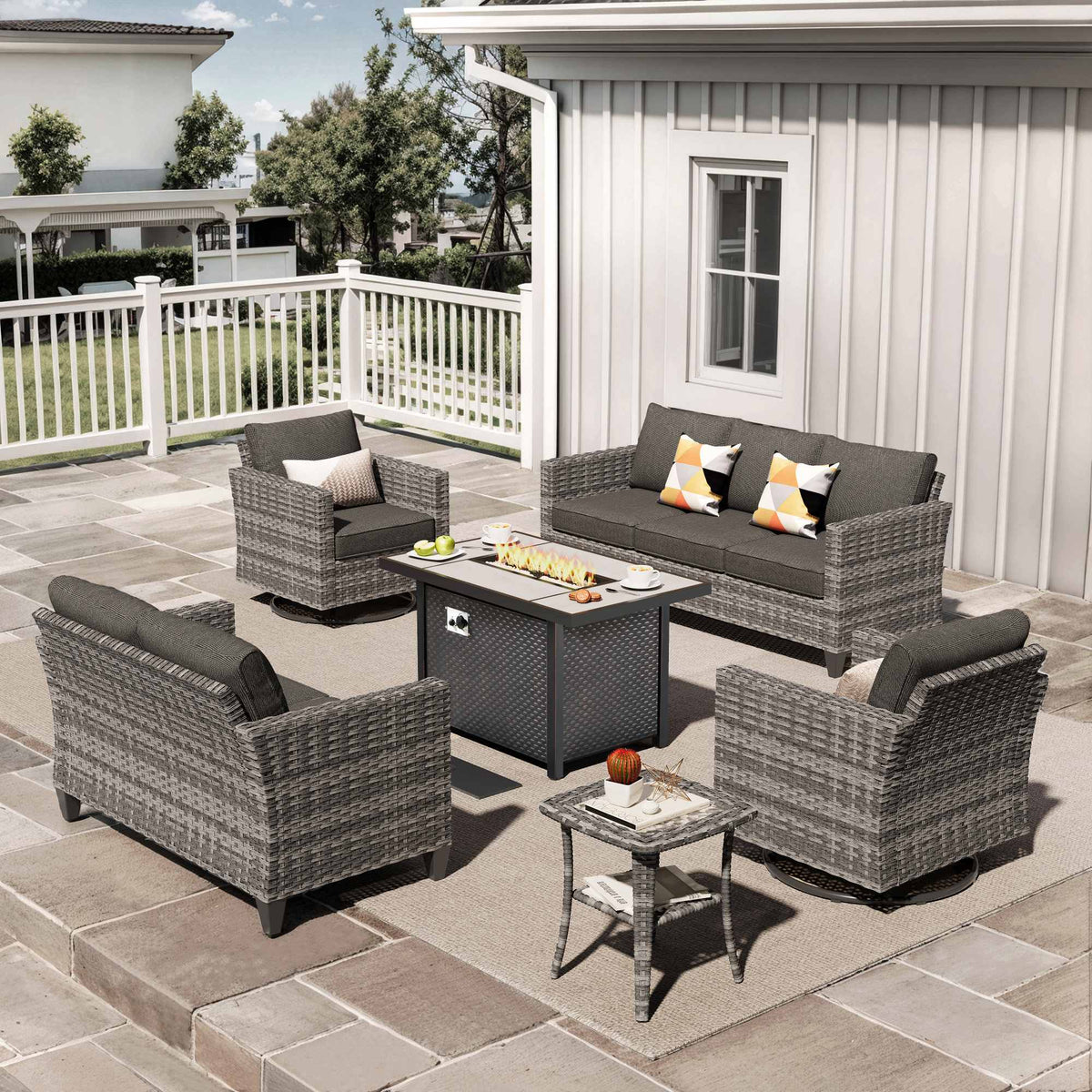 OVIOS Outdoor Patio Conversation Set with Fire Pit Table – Modern Wicker Sofa Seating