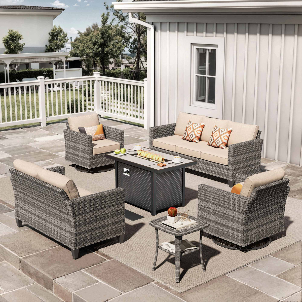 OVIOS Outdoor Patio Conversation Set with Fire Pit Table – Modern Wicker Sofa Seating