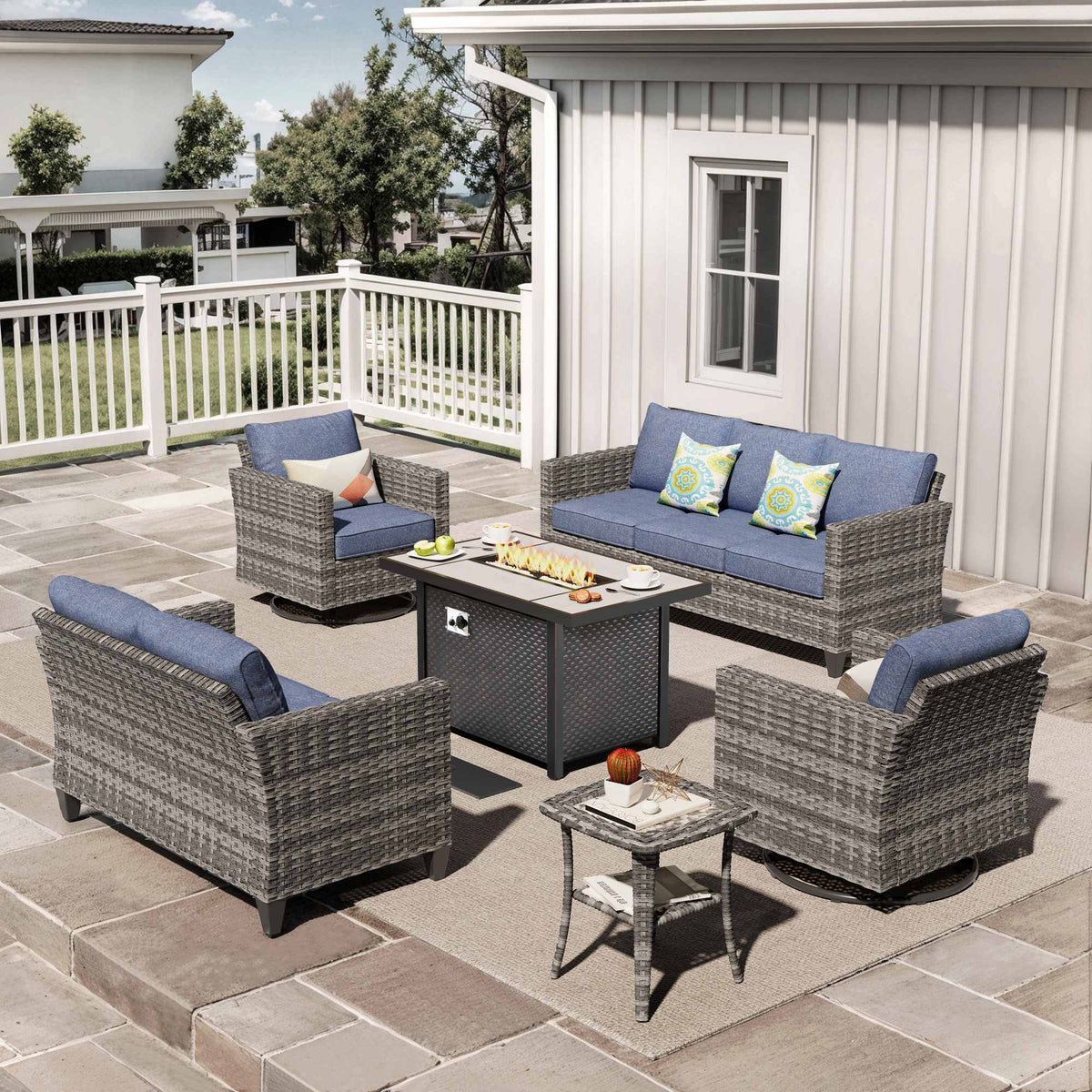 OVIOS Outdoor Patio Conversation Set with Fire Pit Table – Modern Wicker Sofa Seating
