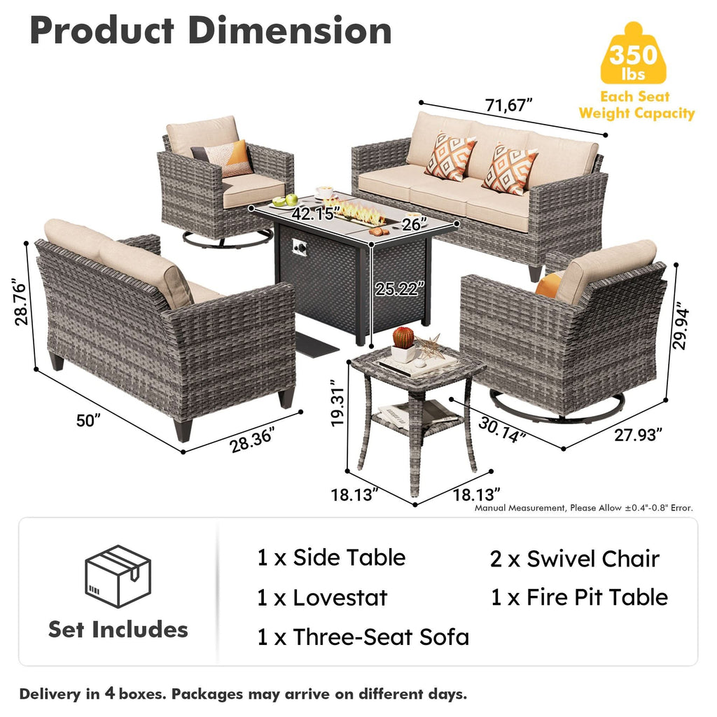 OVIOS Outdoor Patio Conversation Set with Fire Pit Table – Modern Wicker Sofa Seating