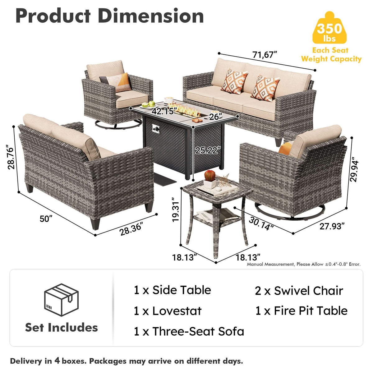 OVIOS Outdoor Patio Conversation Set with Fire Pit Table – Modern Wicker Sofa Seating