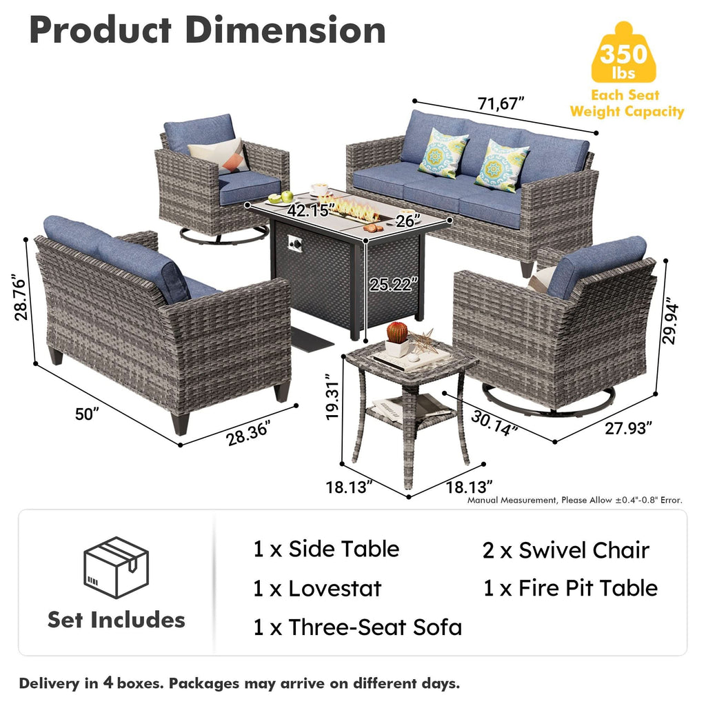 OVIOS Outdoor Patio Conversation Set with Fire Pit Table – Modern Wicker Sofa Seating