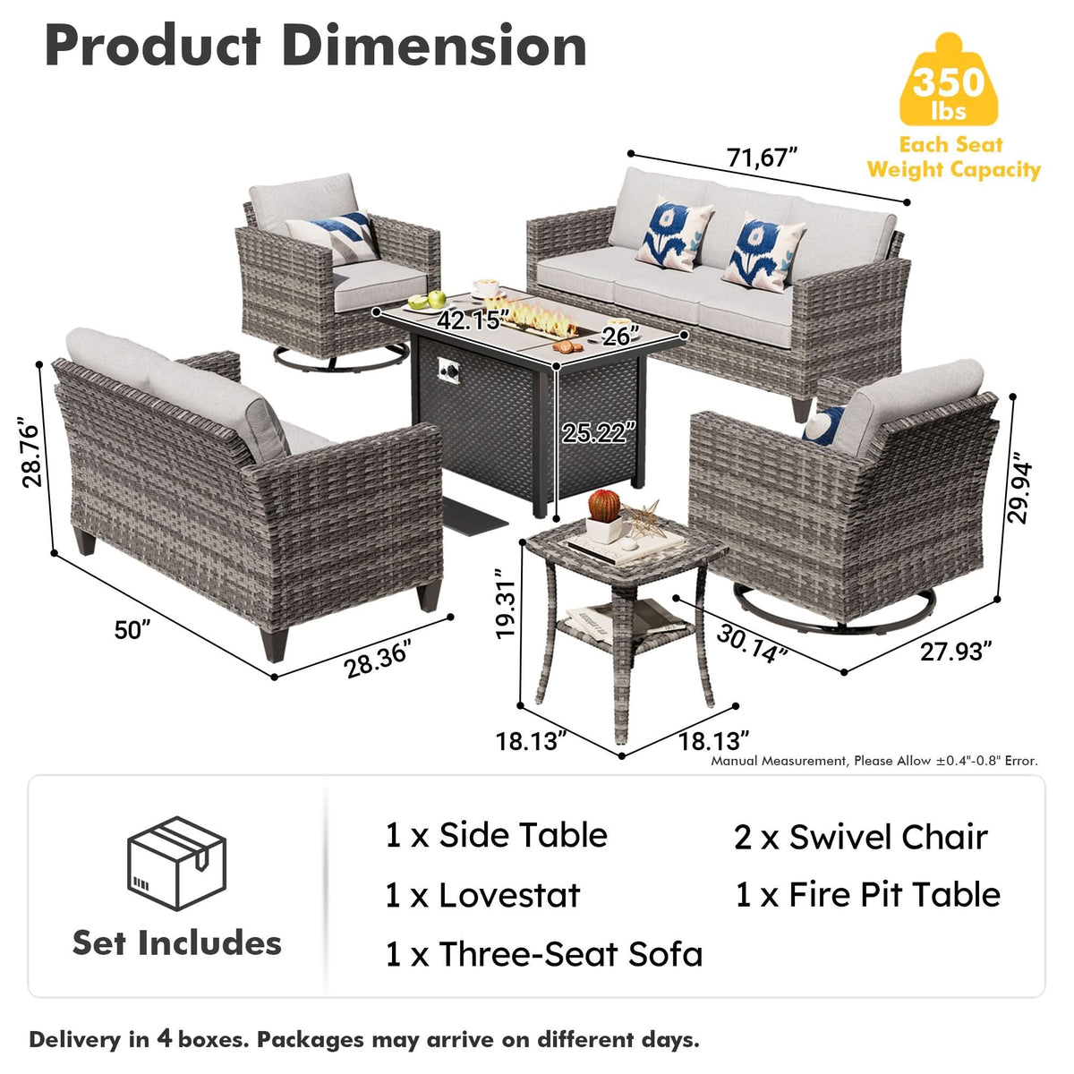 OVIOS Outdoor Patio Conversation Set with Fire Pit Table – Modern Wicker Sofa Seating