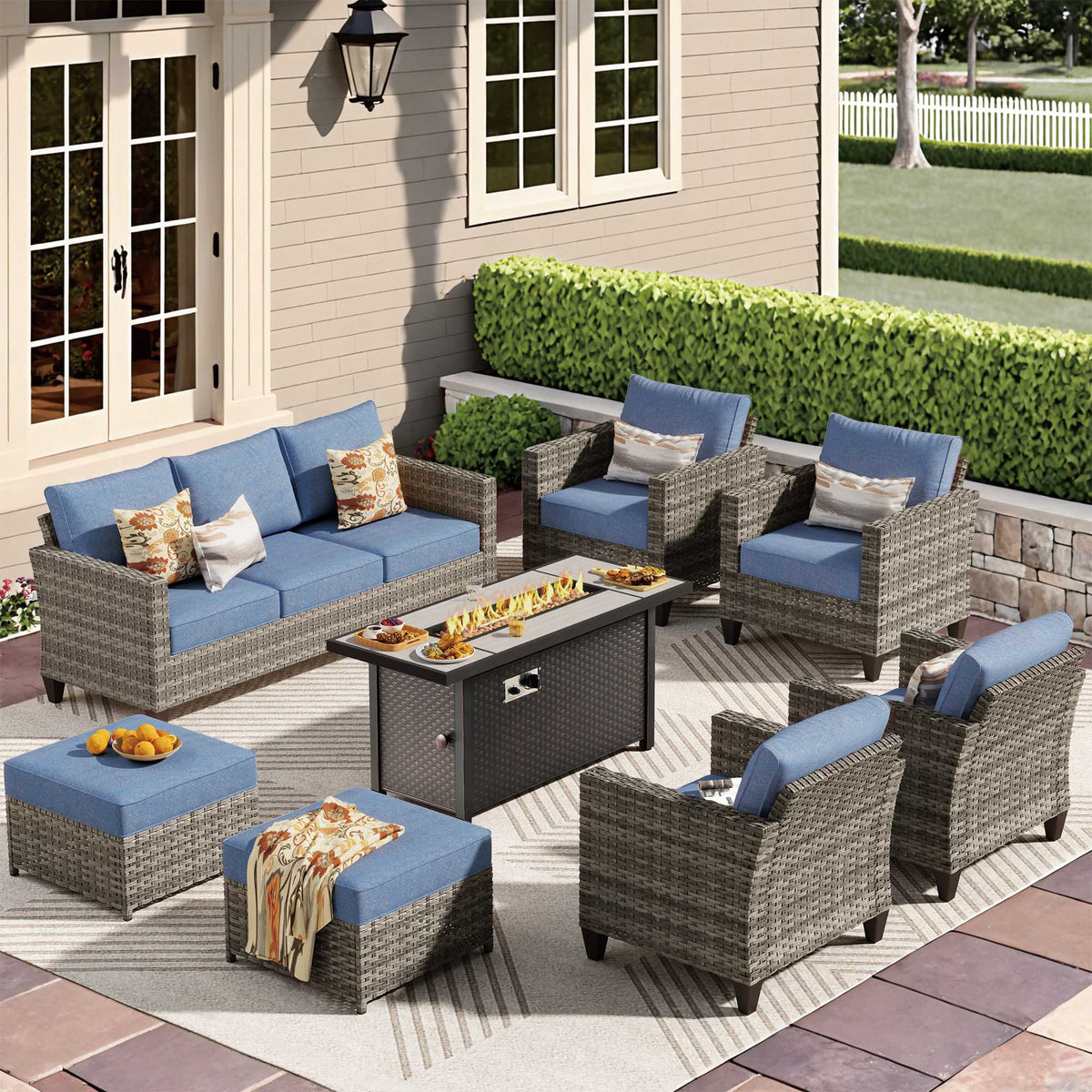 OVIOS Outdoor Patio Conversation Set with Fire Pit Table – Modern Wicker Sofa Seating