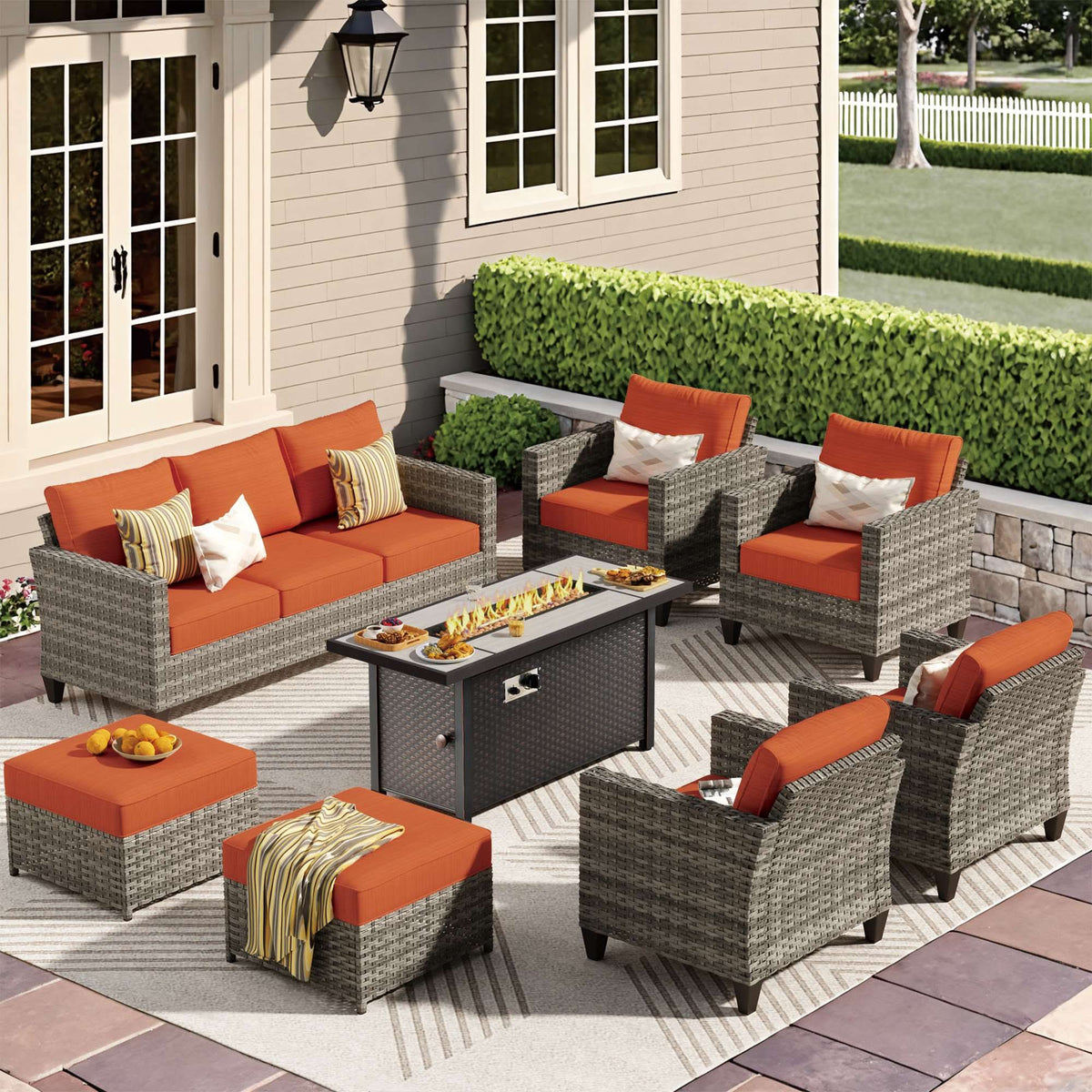 OVIOS Outdoor Patio Conversation Set with Fire Pit Table – Modern Wicker Sofa Seating