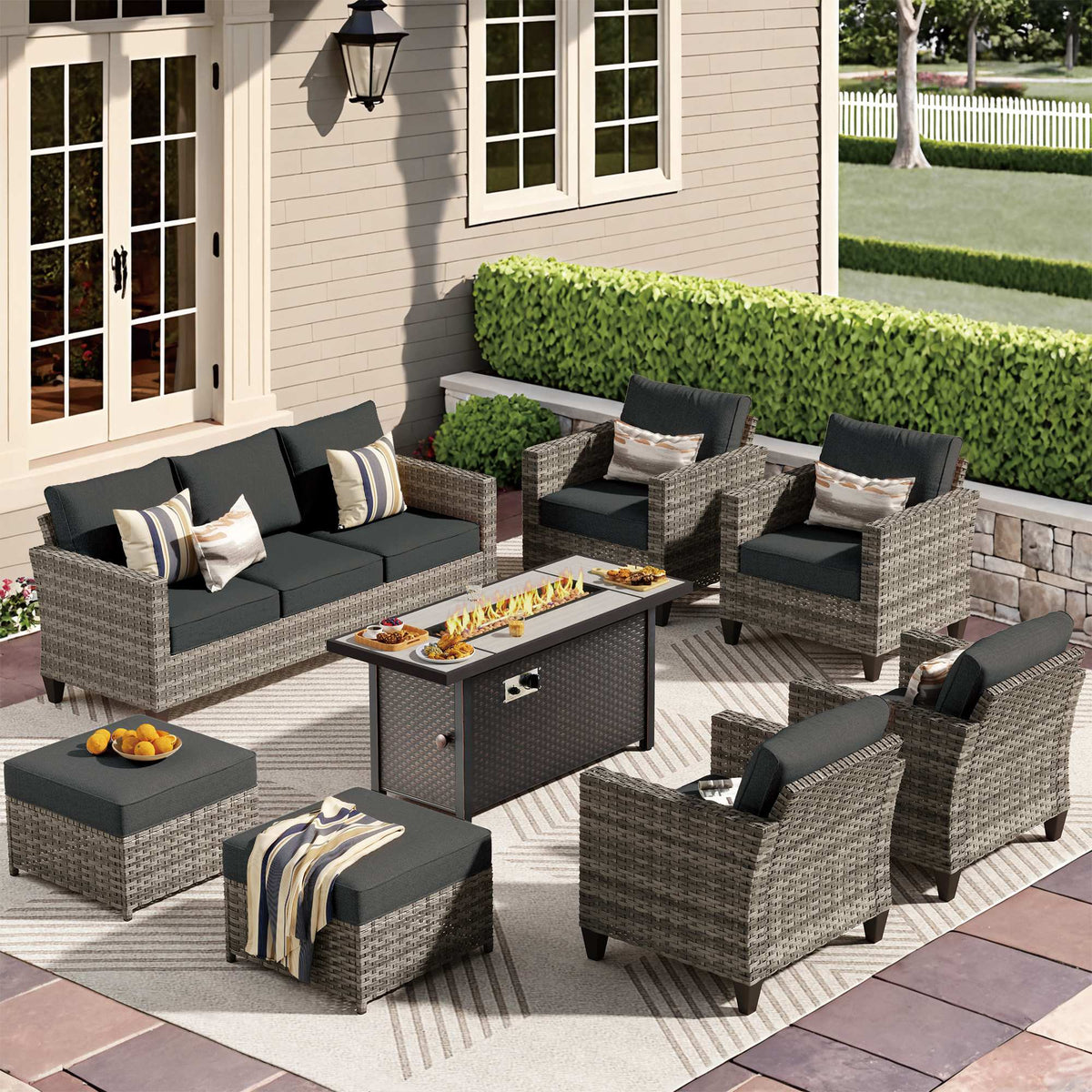 OVIOS Outdoor Patio Conversation Set with Fire Pit Table – Modern Wicker Sofa Seating