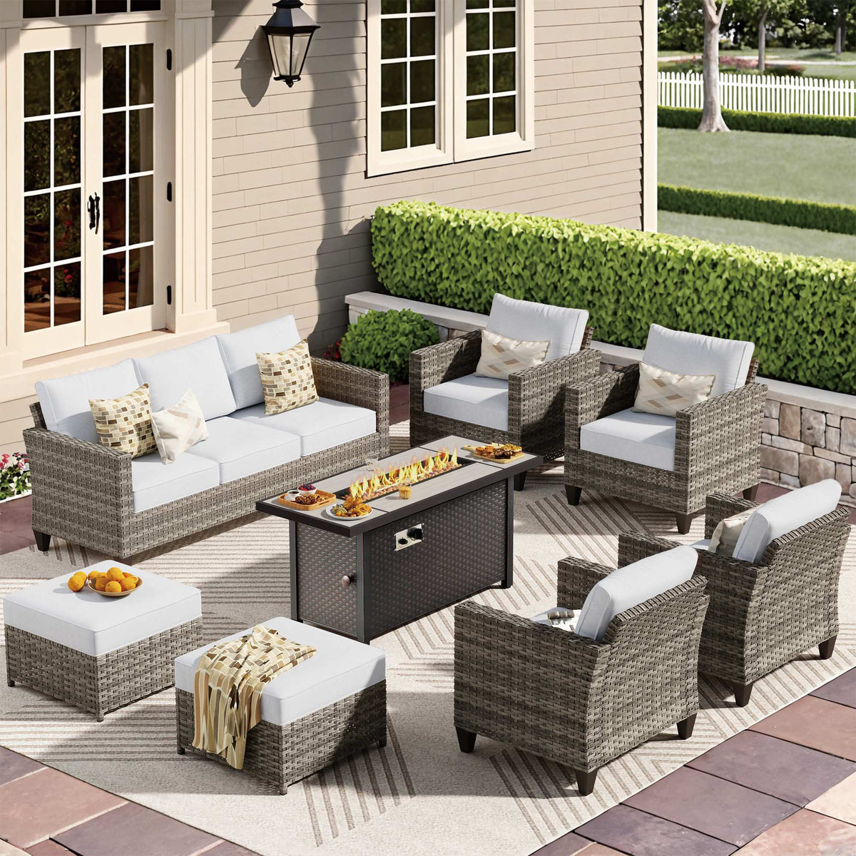 OVIOS Outdoor Patio Conversation Set with Fire Pit Table – Modern Wicker Sofa Seating