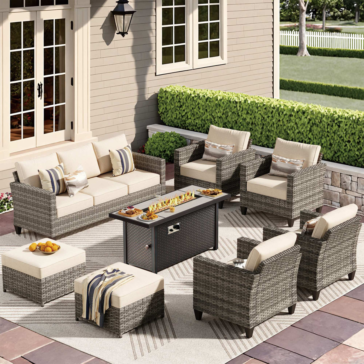 OVIOS Outdoor Patio Conversation Set with Fire Pit Table – Modern Wicker Sofa Seating