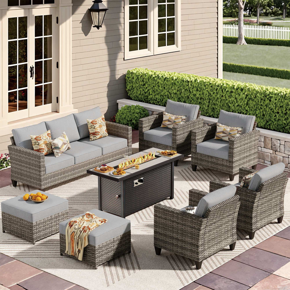 OVIOS Outdoor Patio Conversation Set with Fire Pit Table – Modern Wicker Sofa Seating