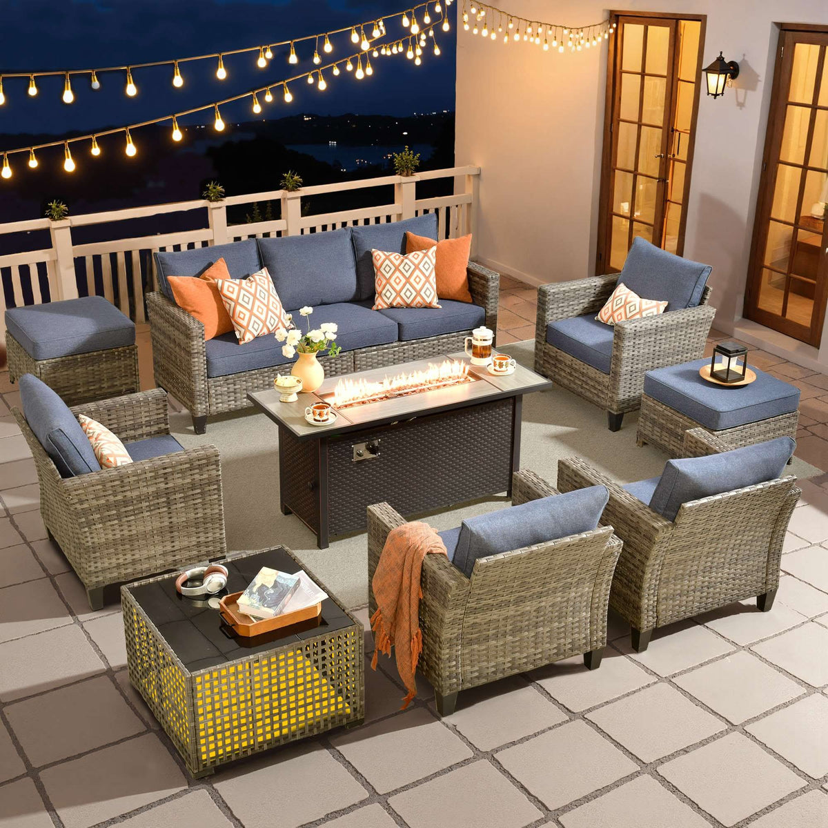 OVIOS Outdoor Patio Conversation Set with Fire Pit Table – Modern Wicker Sofa Seating