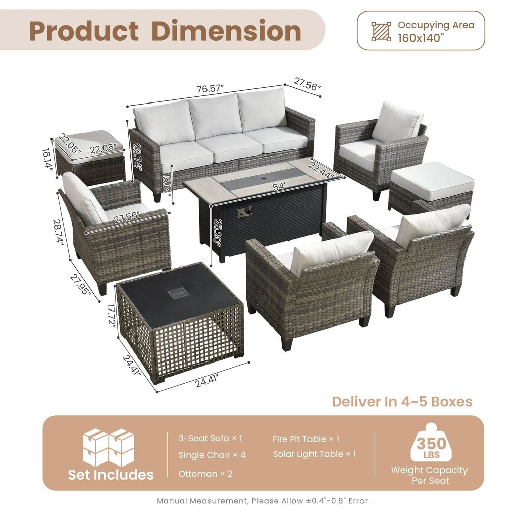 OVIOS Outdoor Patio Conversation Set with Fire Pit Table – Modern Wicker Sofa Seating