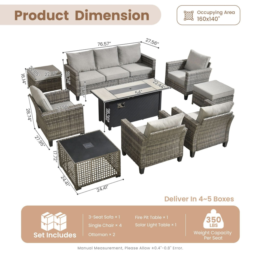 OVIOS Outdoor Patio Conversation Set with Fire Pit Table – Modern Wicker Sofa Seating