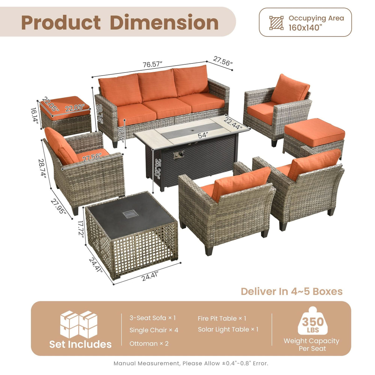 OVIOS Outdoor Patio Conversation Set with Fire Pit Table – Modern Wicker Sofa Seating