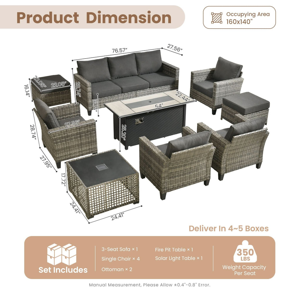 OVIOS Outdoor Patio Conversation Set with Fire Pit Table – Modern Wicker Sofa Seating