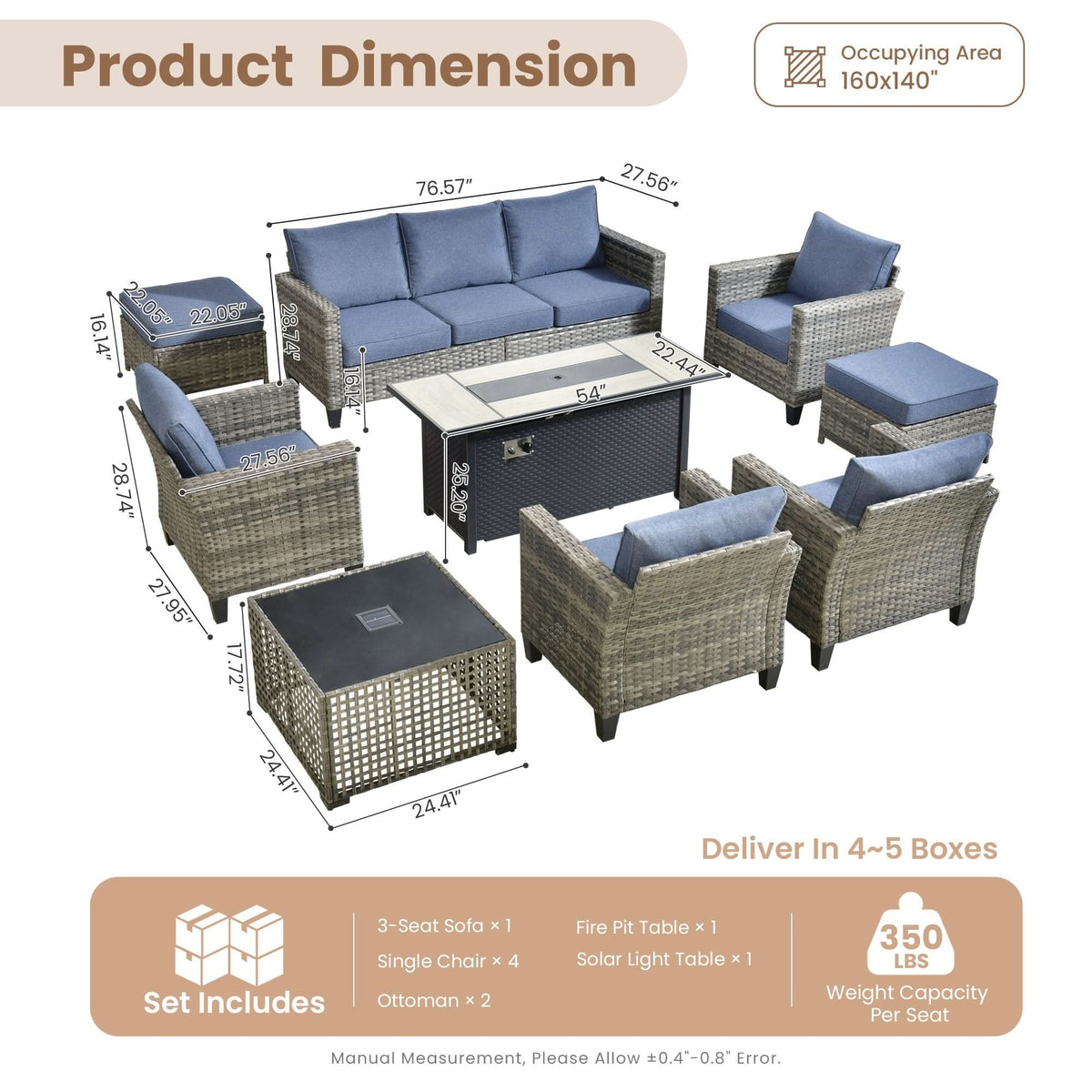 OVIOS Outdoor Patio Conversation Set with Fire Pit Table – Modern Wicker Sofa Seating