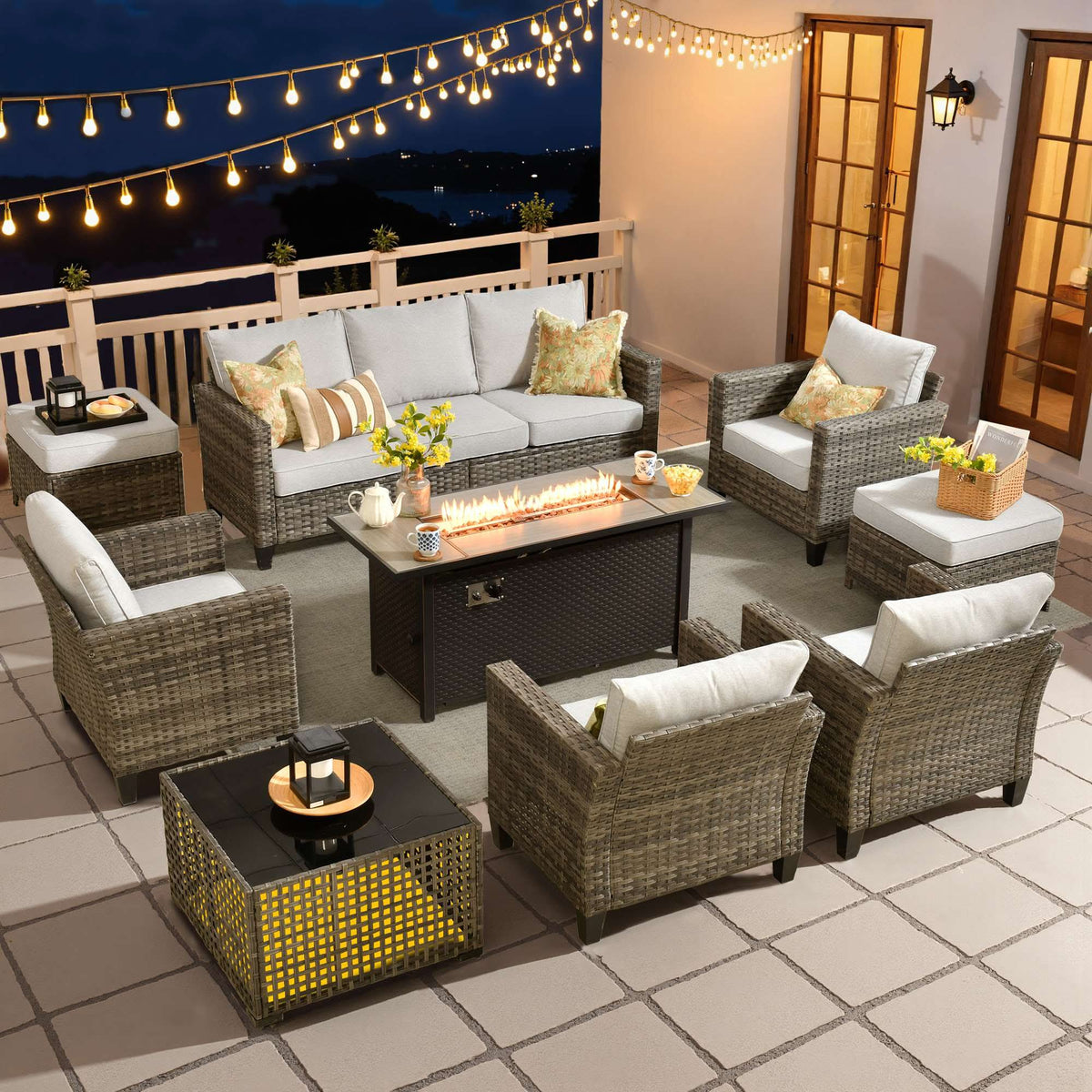 OVIOS Outdoor Patio Conversation Set with Fire Pit Table – Modern Wicker Sofa Seating