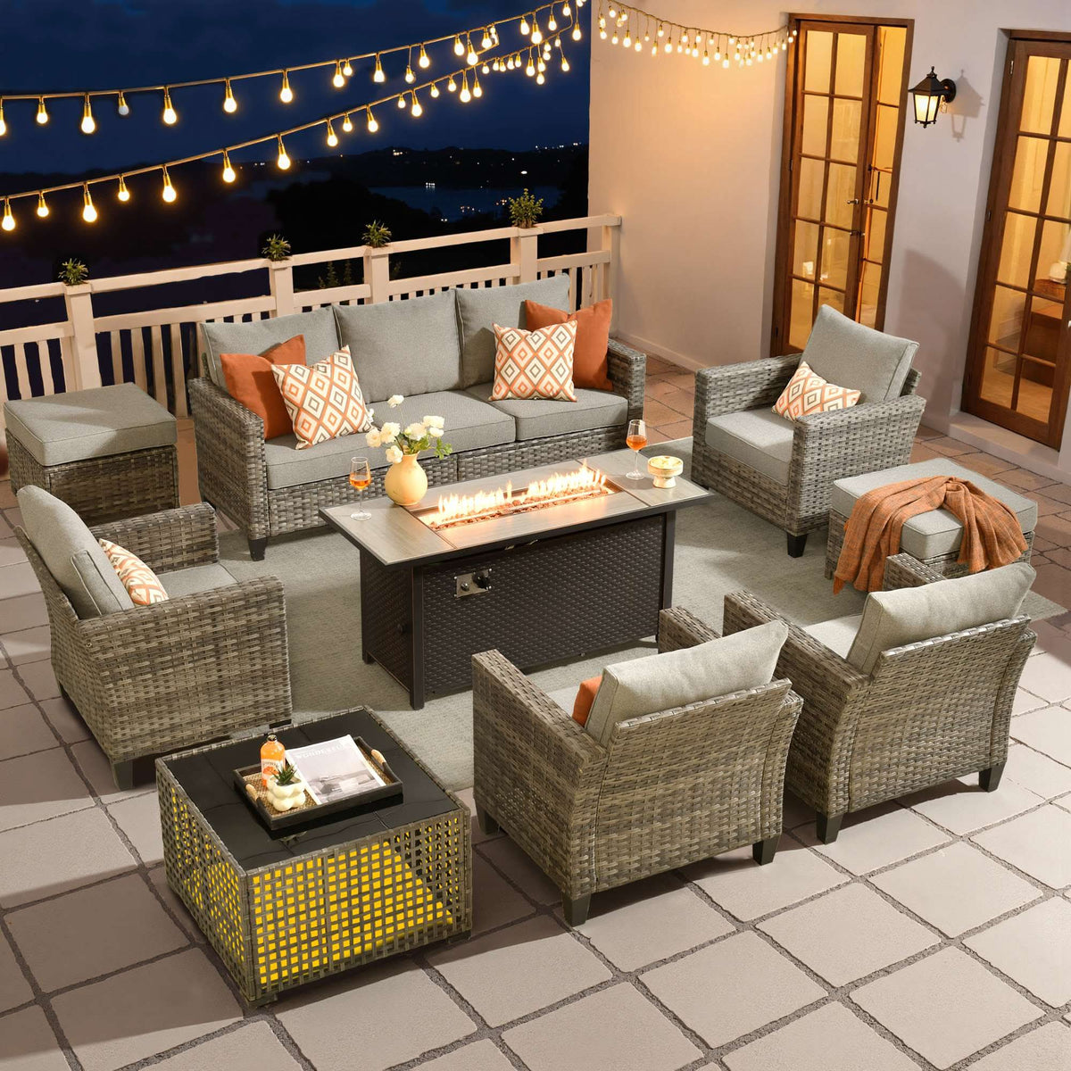 OVIOS Outdoor Patio Conversation Set with Fire Pit Table – Modern Wicker Sofa Seating