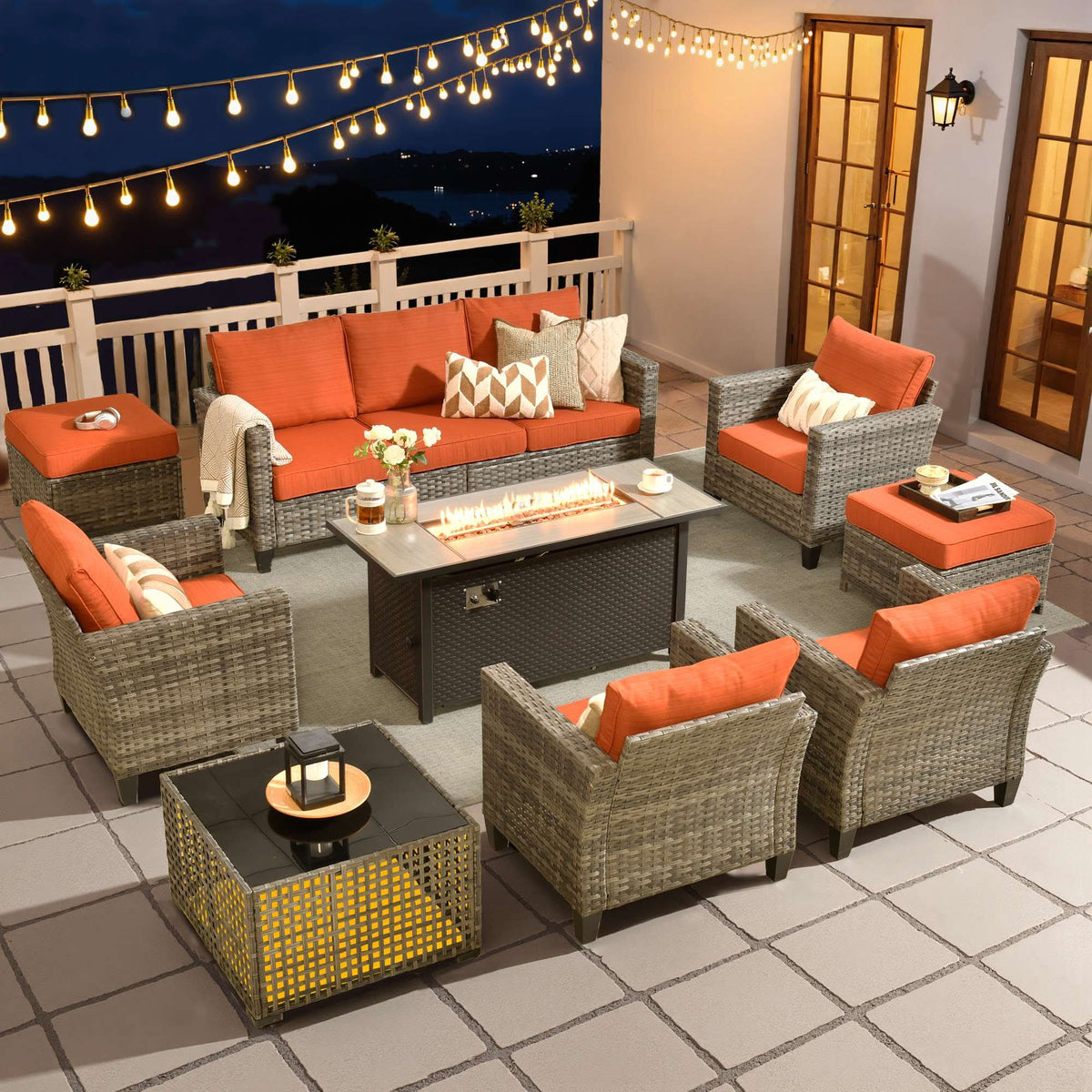 OVIOS Outdoor Patio Conversation Set with Fire Pit Table – Modern Wicker Sofa Seating