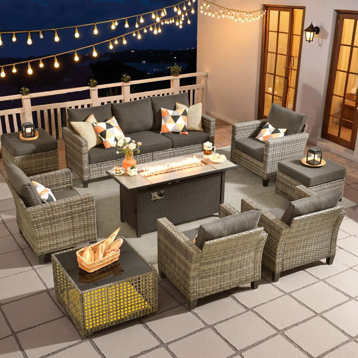 OVIOS Outdoor Patio Conversation Set with Fire Pit Table – Modern Wicker Sofa Seating