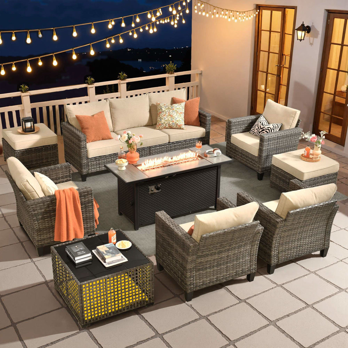 OVIOS Outdoor Patio Conversation Set with Fire Pit Table – Modern Wicker Sofa Seating