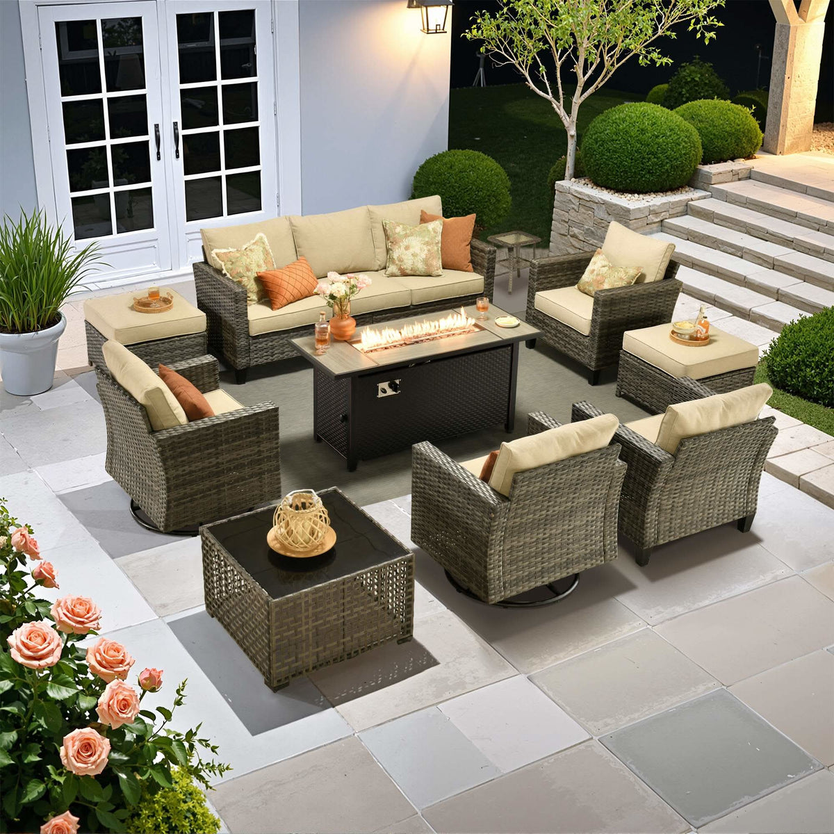 OVIOS Outdoor Patio Conversation Set with Fire Pit Table – Modern Wicker Sofa Seating