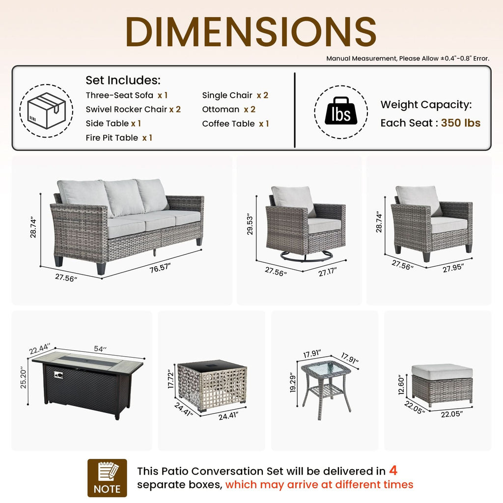 OVIOS Outdoor Patio Conversation Set with Fire Pit Table – Modern Wicker Sofa Seating