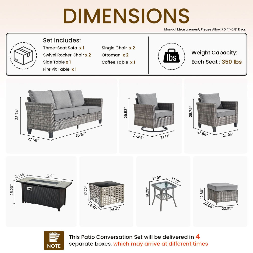 OVIOS Outdoor Patio Conversation Set with Fire Pit Table – Modern Wicker Sofa Seating