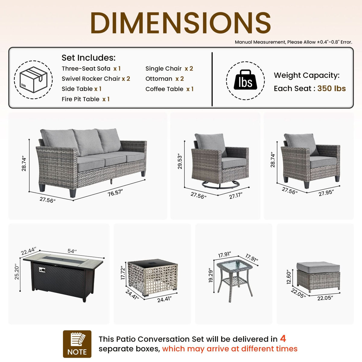 OVIOS Outdoor Patio Conversation Set with Fire Pit Table – Modern Wicker Sofa Seating