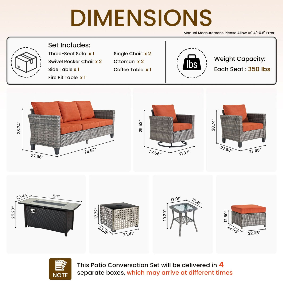 OVIOS Outdoor Patio Conversation Set with Fire Pit Table – Modern Wicker Sofa Seating