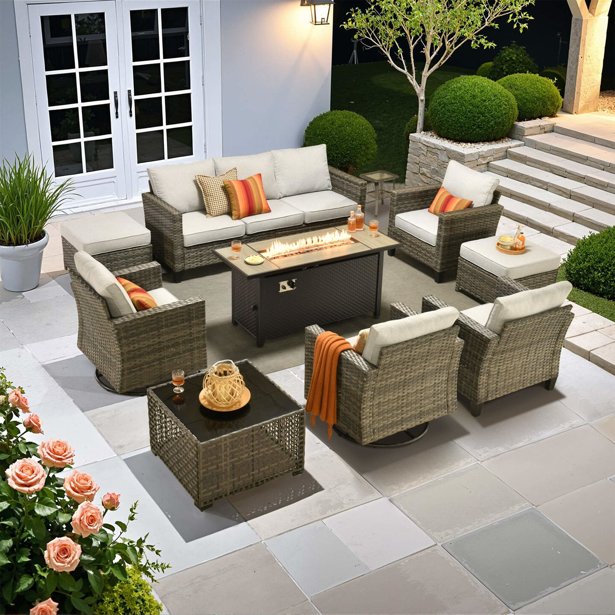 OVIOS Outdoor Patio Conversation Set with Fire Pit Table – Modern Wicker Sofa Seating