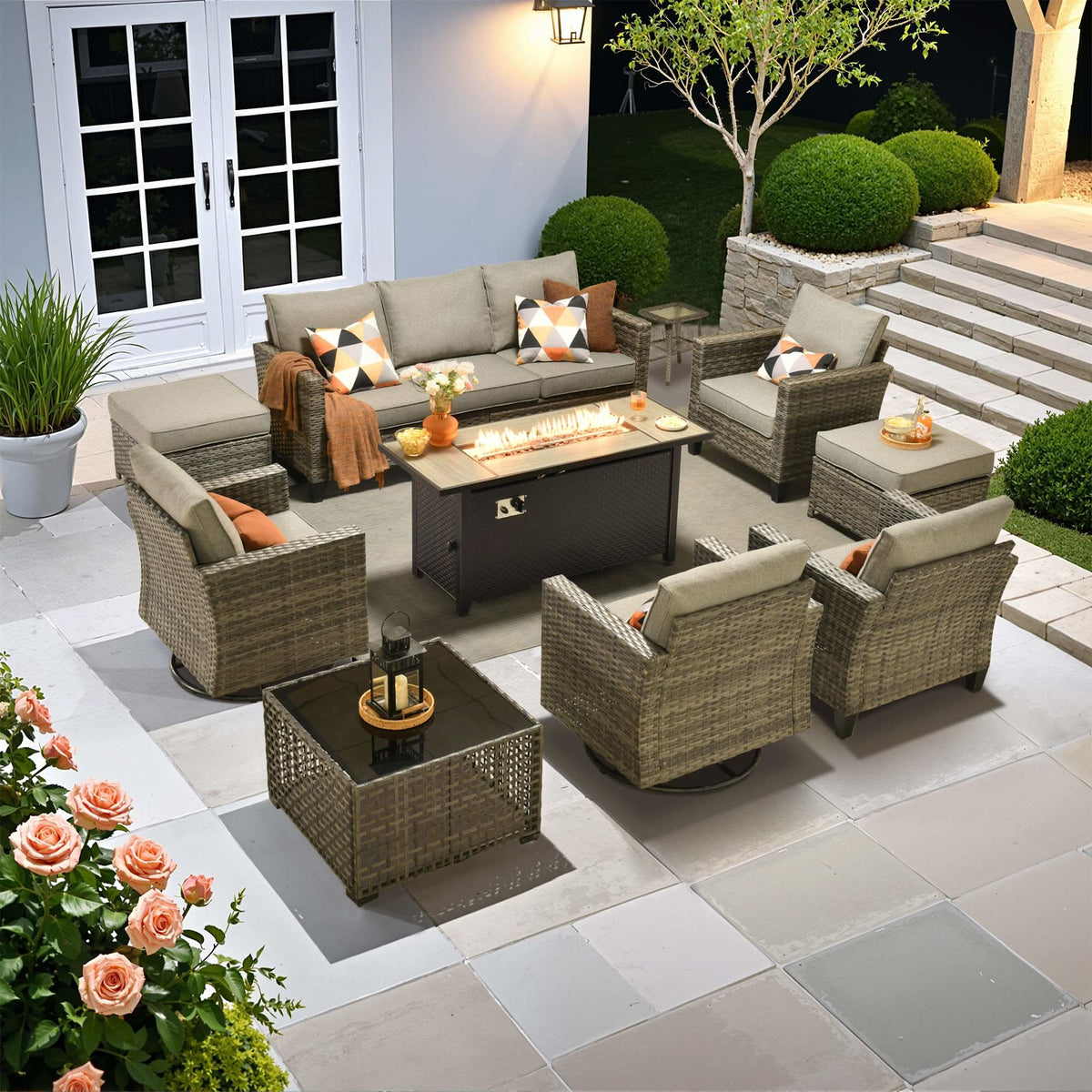 OVIOS Outdoor Patio Conversation Set with Fire Pit Table – Modern Wicker Sofa Seating