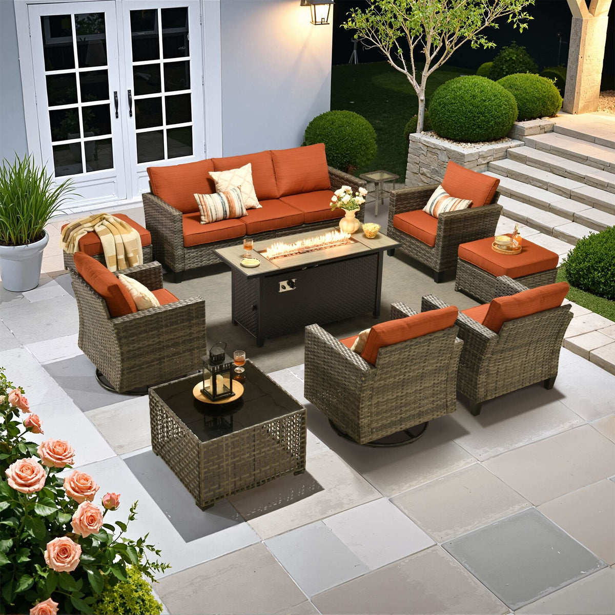 OVIOS Outdoor Patio Conversation Set with Fire Pit Table – Modern Wicker Sofa Seating