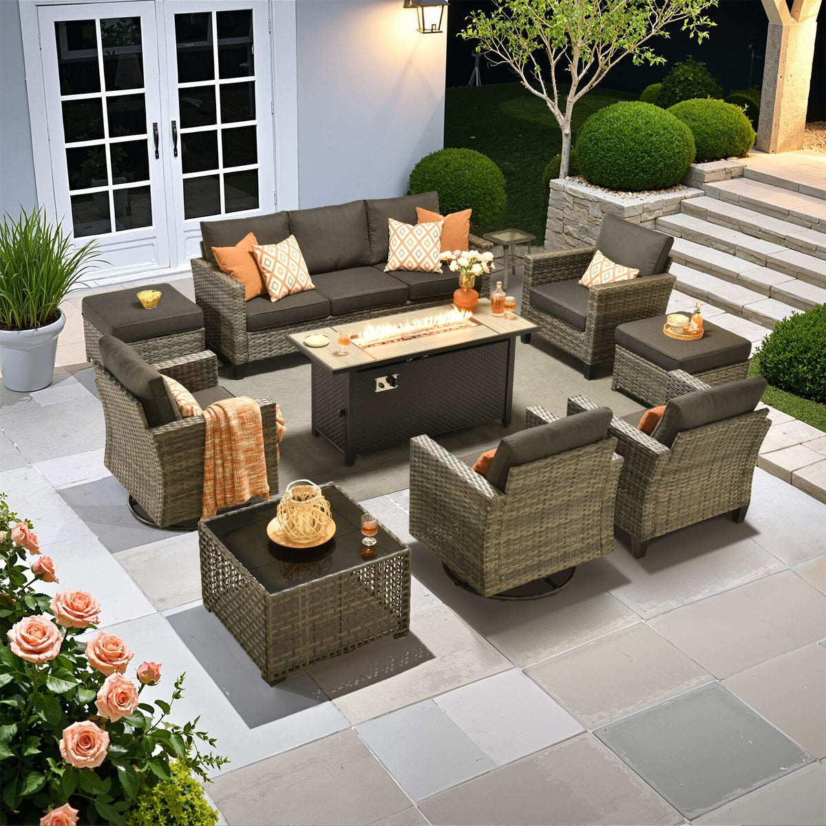 OVIOS Outdoor Patio Conversation Set with Fire Pit Table – Modern Wicker Sofa Seating