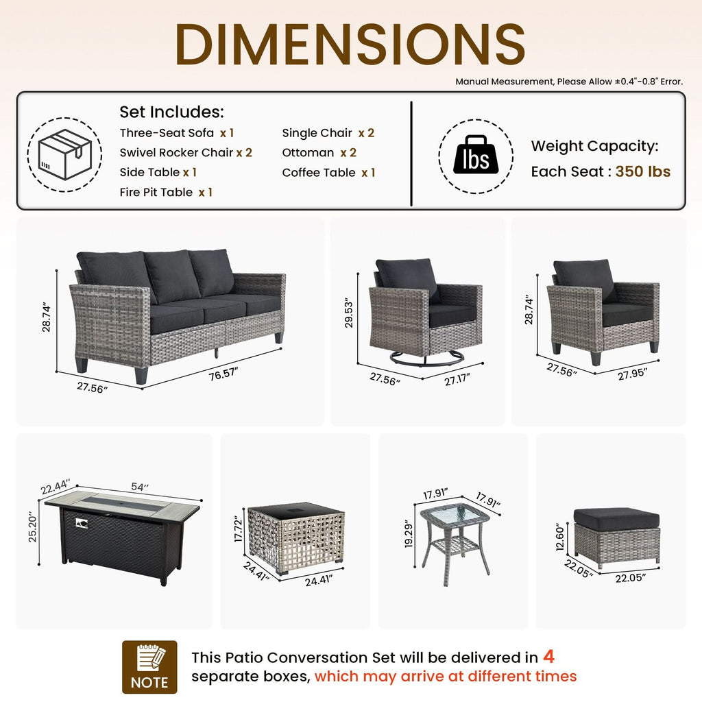 OVIOS Outdoor Patio Conversation Set with Fire Pit Table – Modern Wicker Sofa Seating