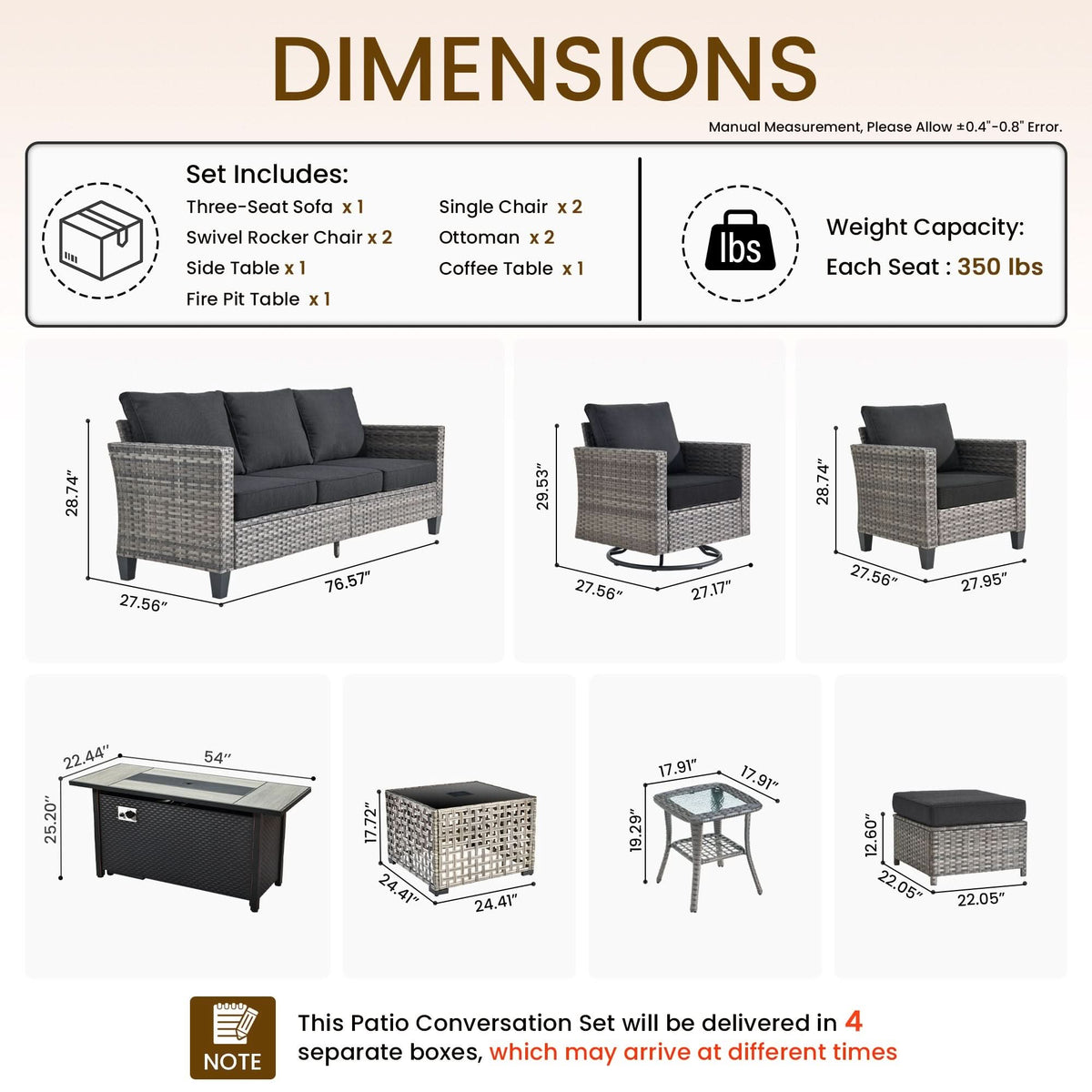 OVIOS Outdoor Patio Conversation Set with Fire Pit Table – Modern Wicker Sofa Seating