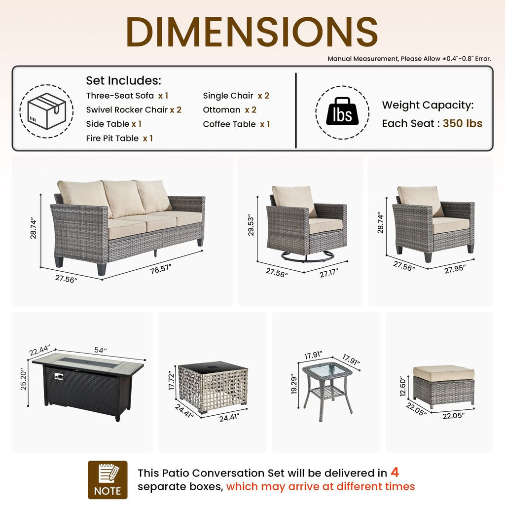 OVIOS Outdoor Patio Conversation Set with Fire Pit Table – Modern Wicker Sofa Seating
