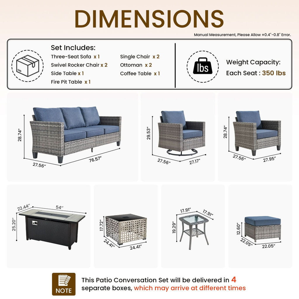 OVIOS Outdoor Patio Conversation Set with Fire Pit Table – Modern Wicker Sofa Seating