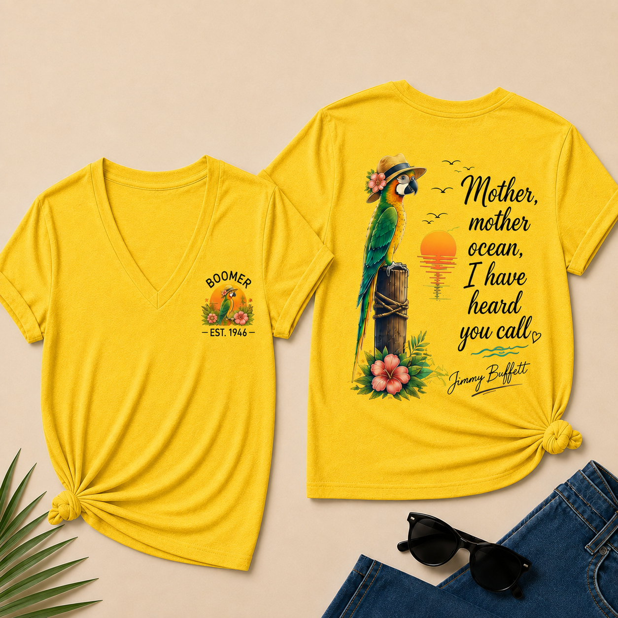 Custom Year Shirt — BOOMER. [YOUR YEAR] | Mother,Mother Ocean,I have Heard You Call -Jimmy Buffett V-Neck T-Shirt