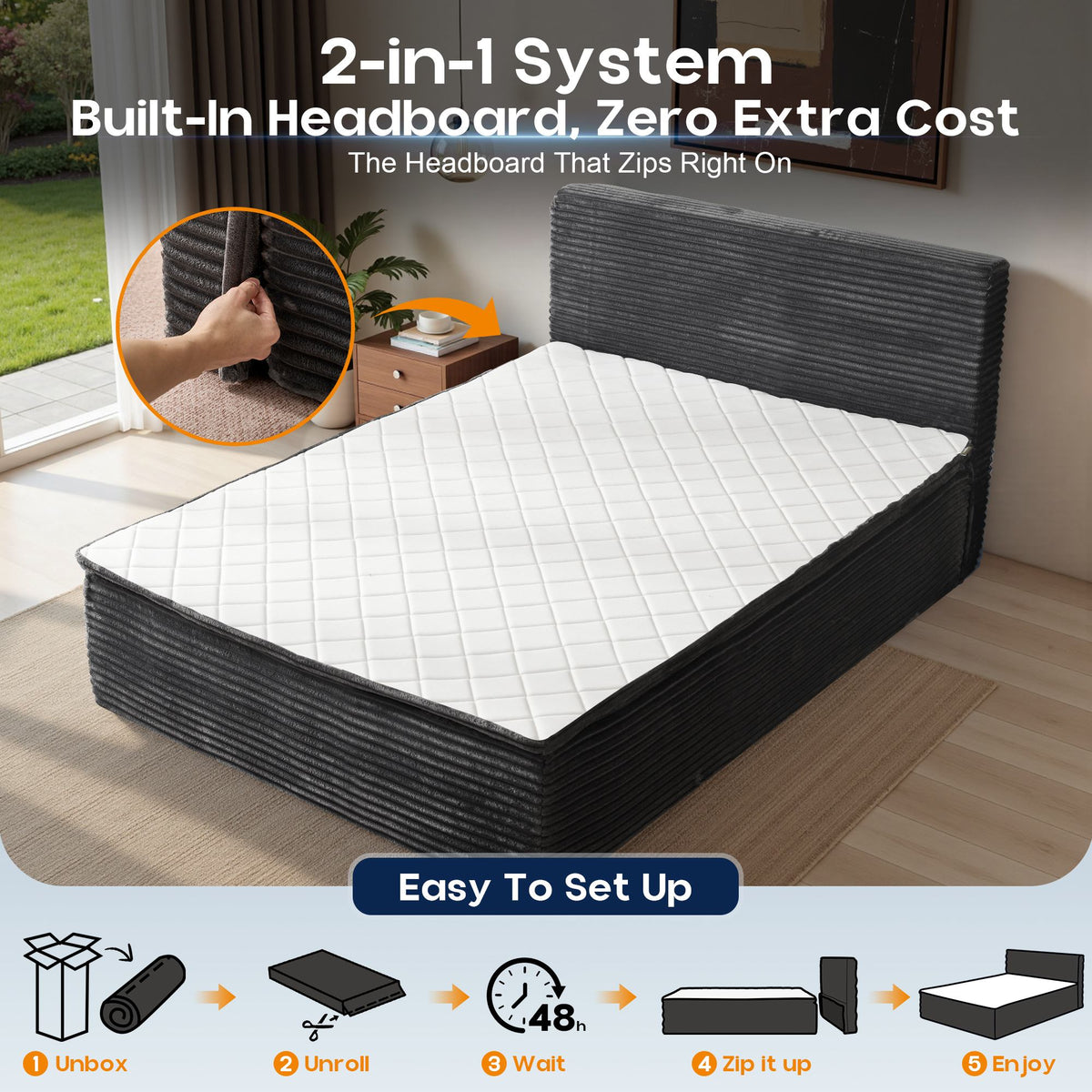 OVIOS Upholstered Boneless Bed No Frame Bed Mattress Combo with Foam and Spring Support No Assembly Required