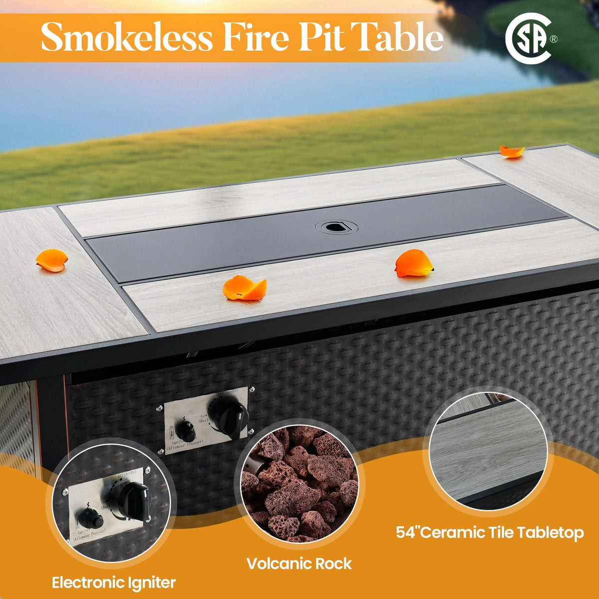 OVIOS Outdoor Patio Conversation Set with Fire Pit Table – Modern Wicker Sofa Seating