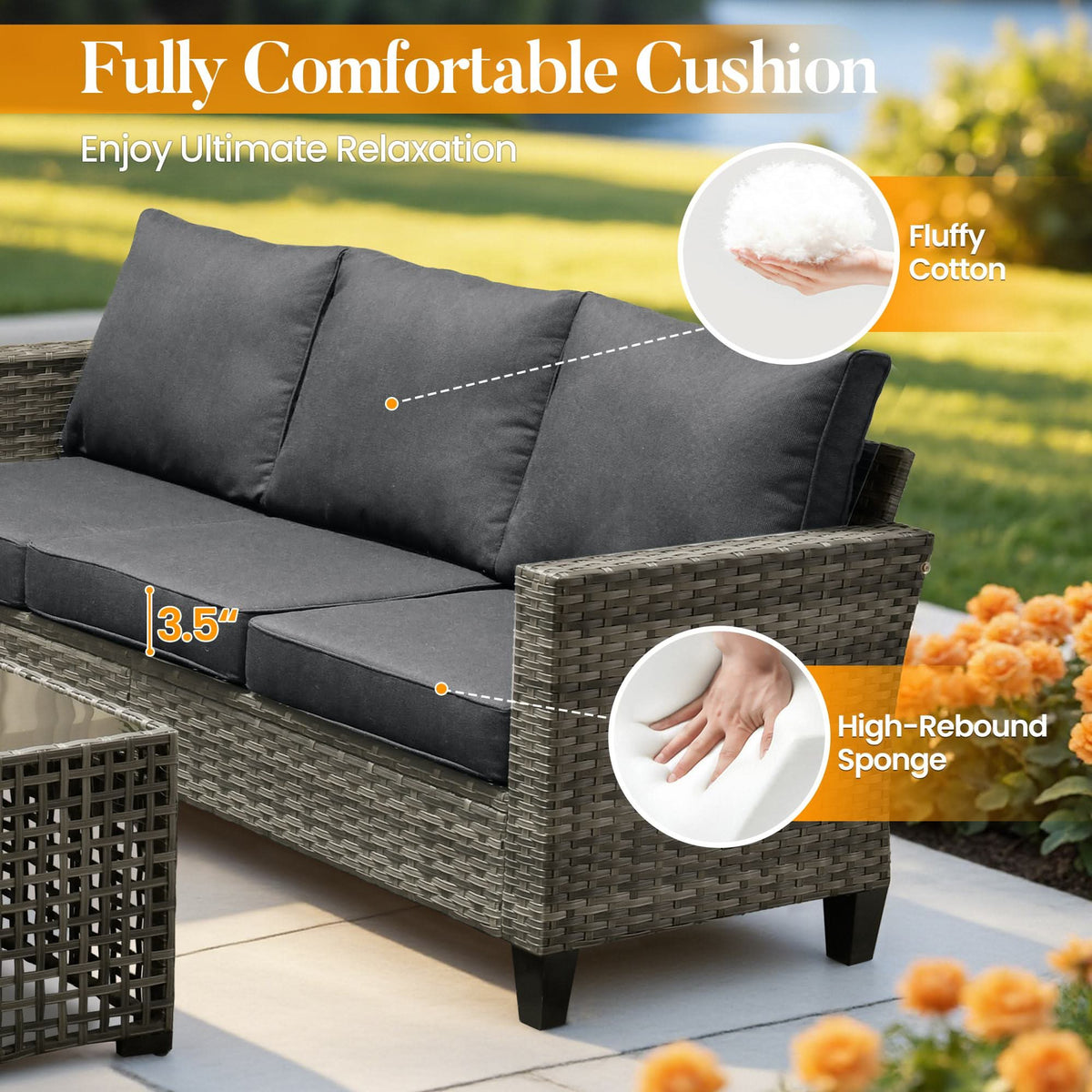 OVIOS Outdoor Patio Conversation Set with Fire Pit Table – Modern Wicker Sofa Seating