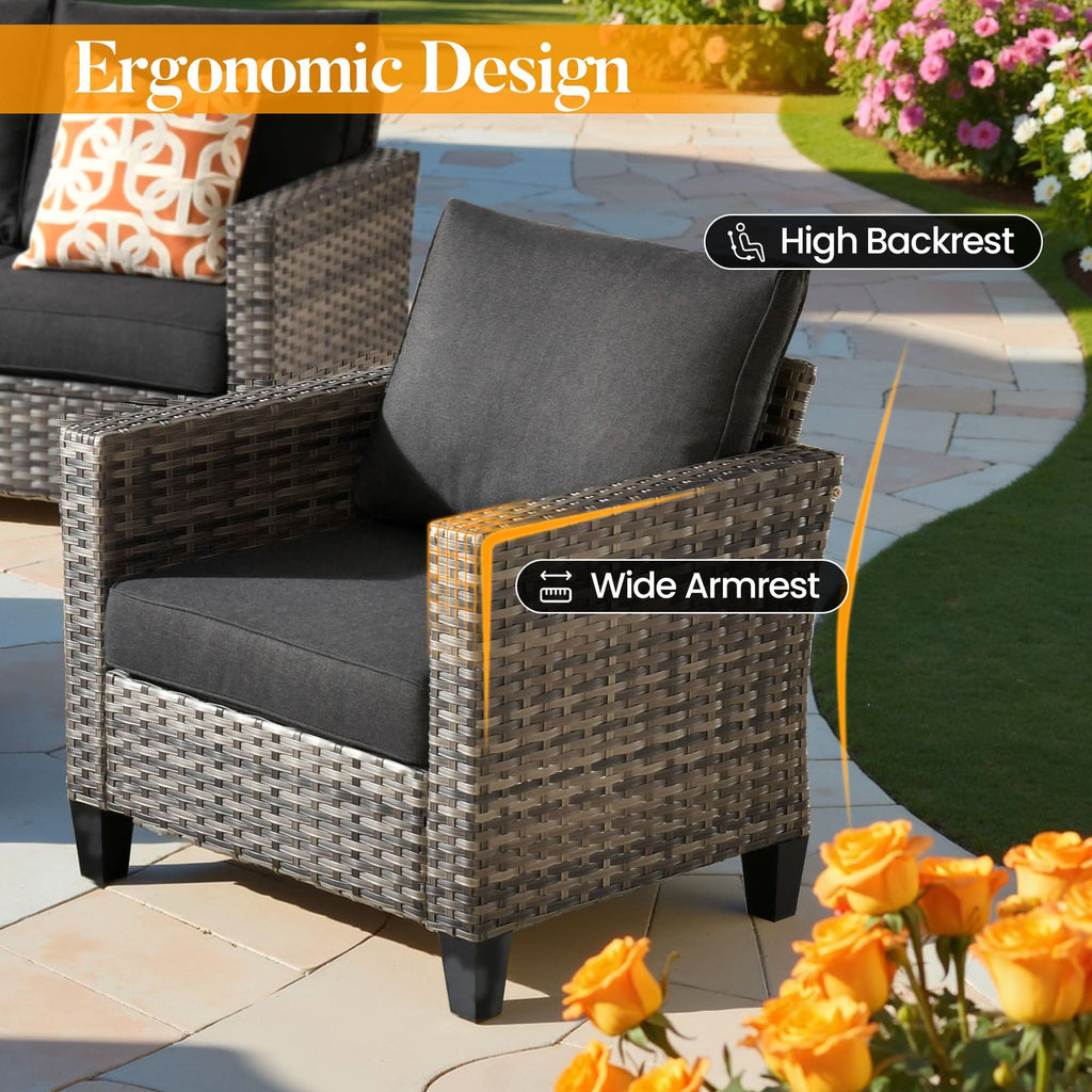 OVIOS Outdoor Patio Conversation Set with Fire Pit Table – Modern Wicker Sofa Seating