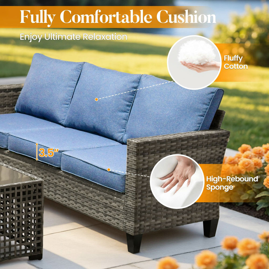 OVIOS Outdoor Patio Conversation Set with Fire Pit Table – Modern Wicker Sofa Seating